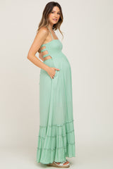 Mint Green Halter Smocked Maternity Maxi Dress