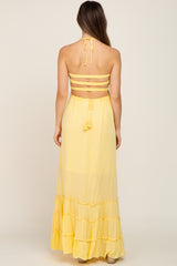 Yellow Halter Smocked Maternity Maxi Dress