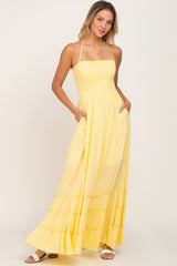 Yellow Halter Smocked Maternity Maxi Dress