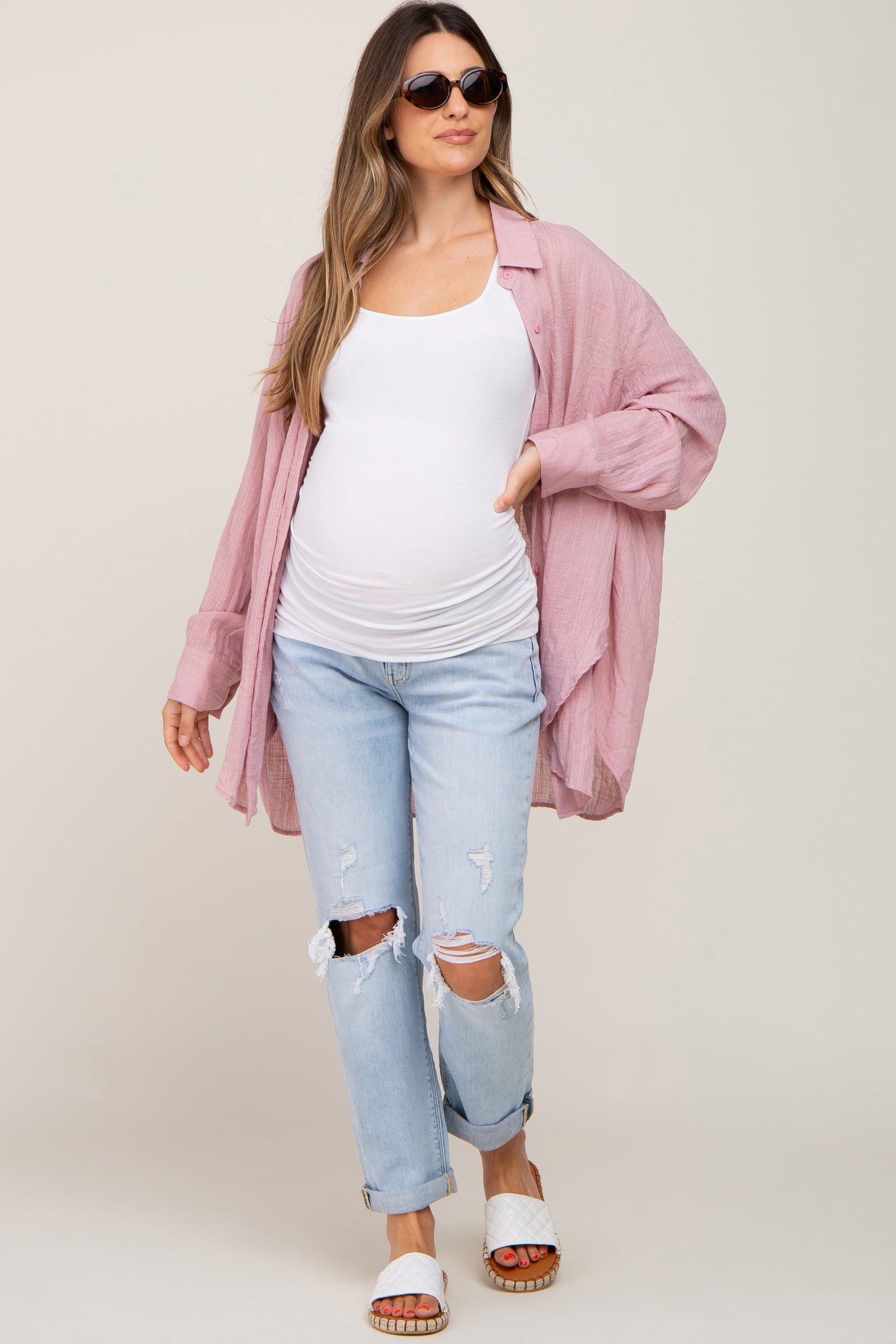 Pink Lightweight Sheer Button Down Maternity Blouse
