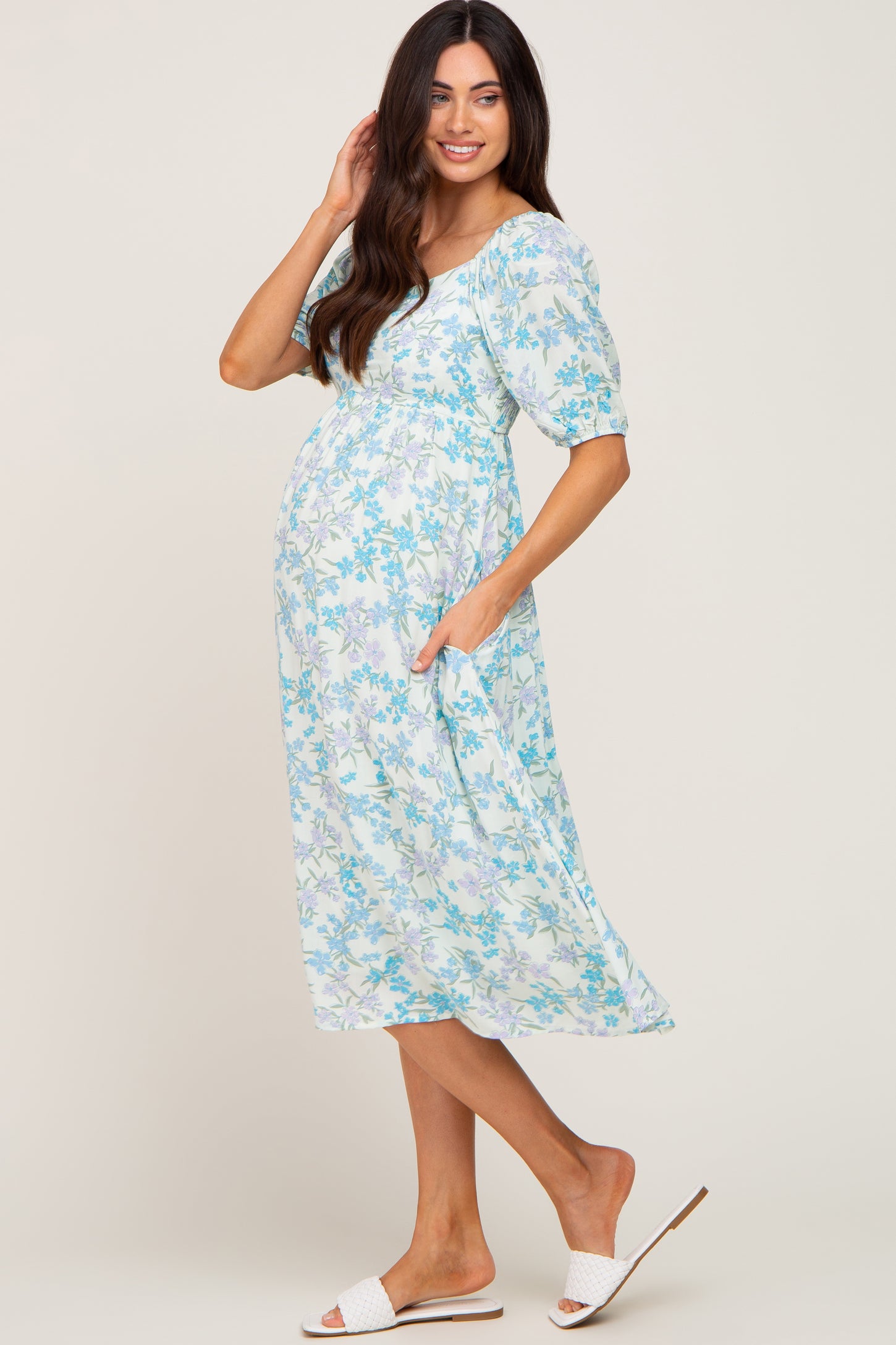 Mint Green Floral Cinched Bust Maternity Midi Dress PinkBlush Mint Green Floral Cinched Bust Maternity Midi Dress PinkBlush