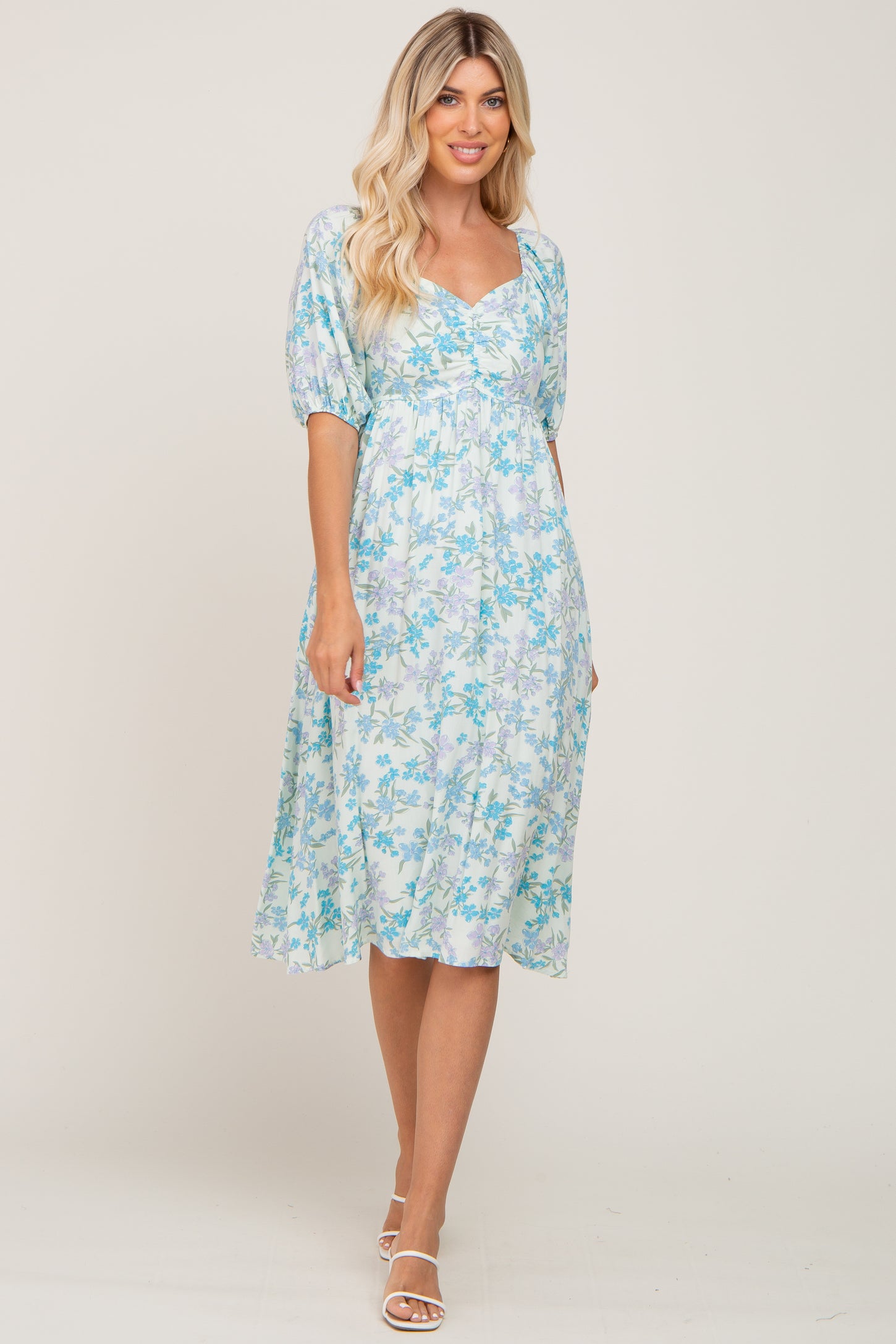 Mint Green Floral Cinched Bust Maternity Midi Dress PinkBlush Mint Green Floral Cinched Bust Maternity Midi Dress PinkBlush