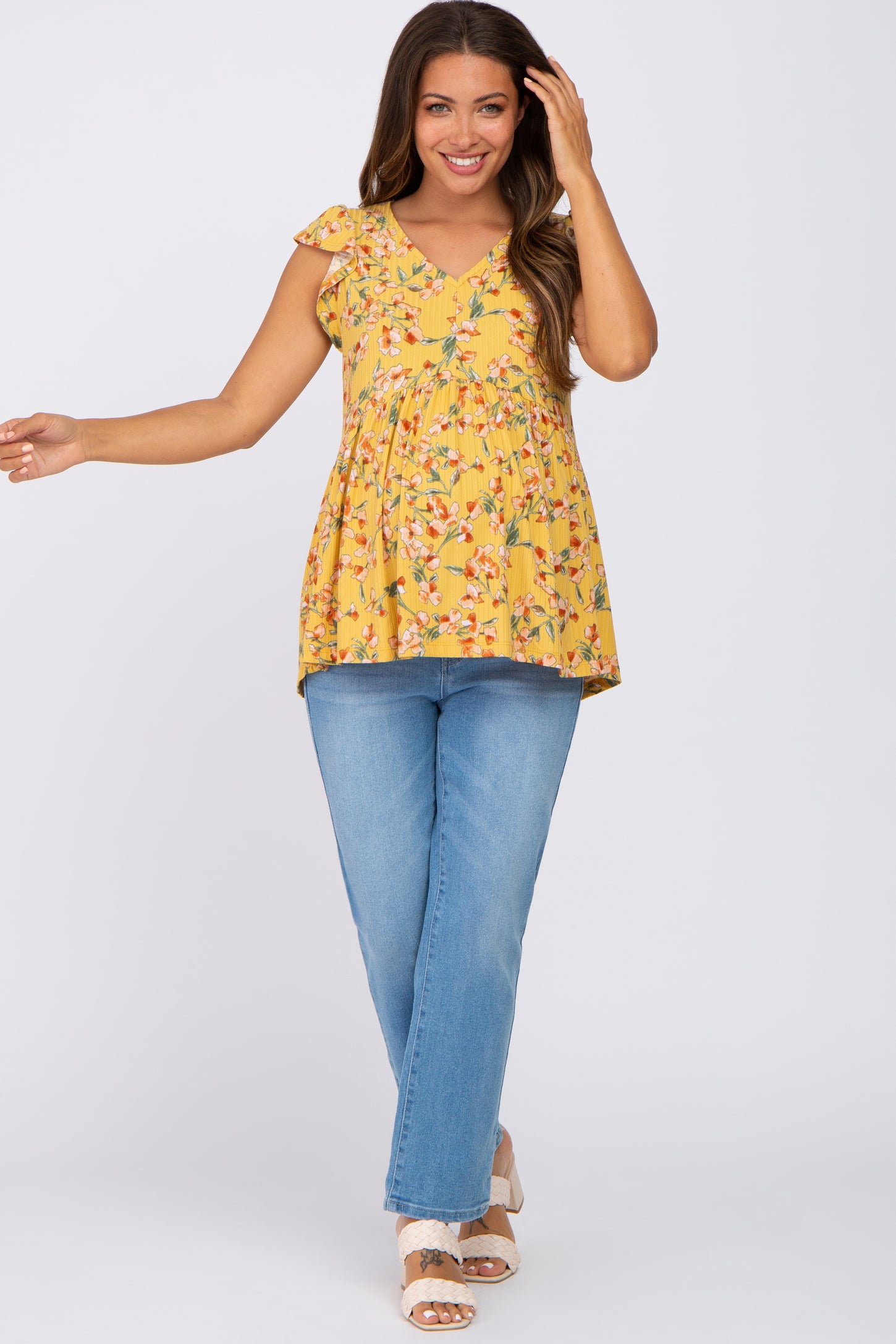 Yellow Floral Ribbed Ruffle Sleeve Maternity Top