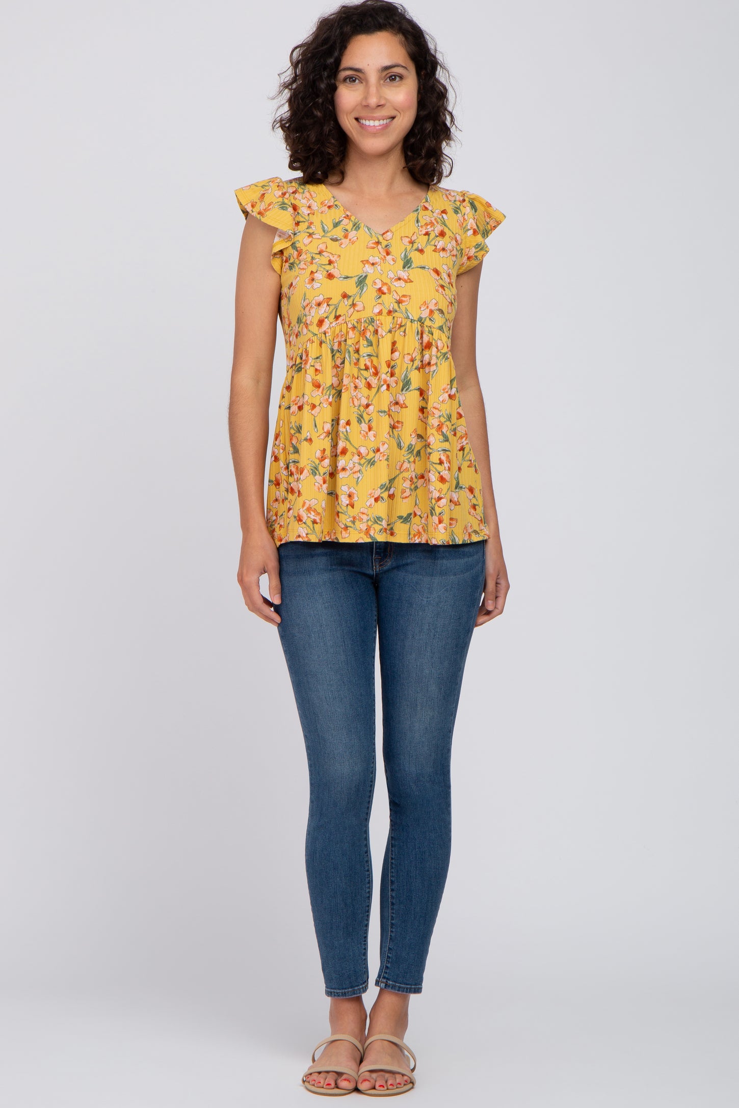 Yellow Floral Ribbed Ruffle Sleeve Top