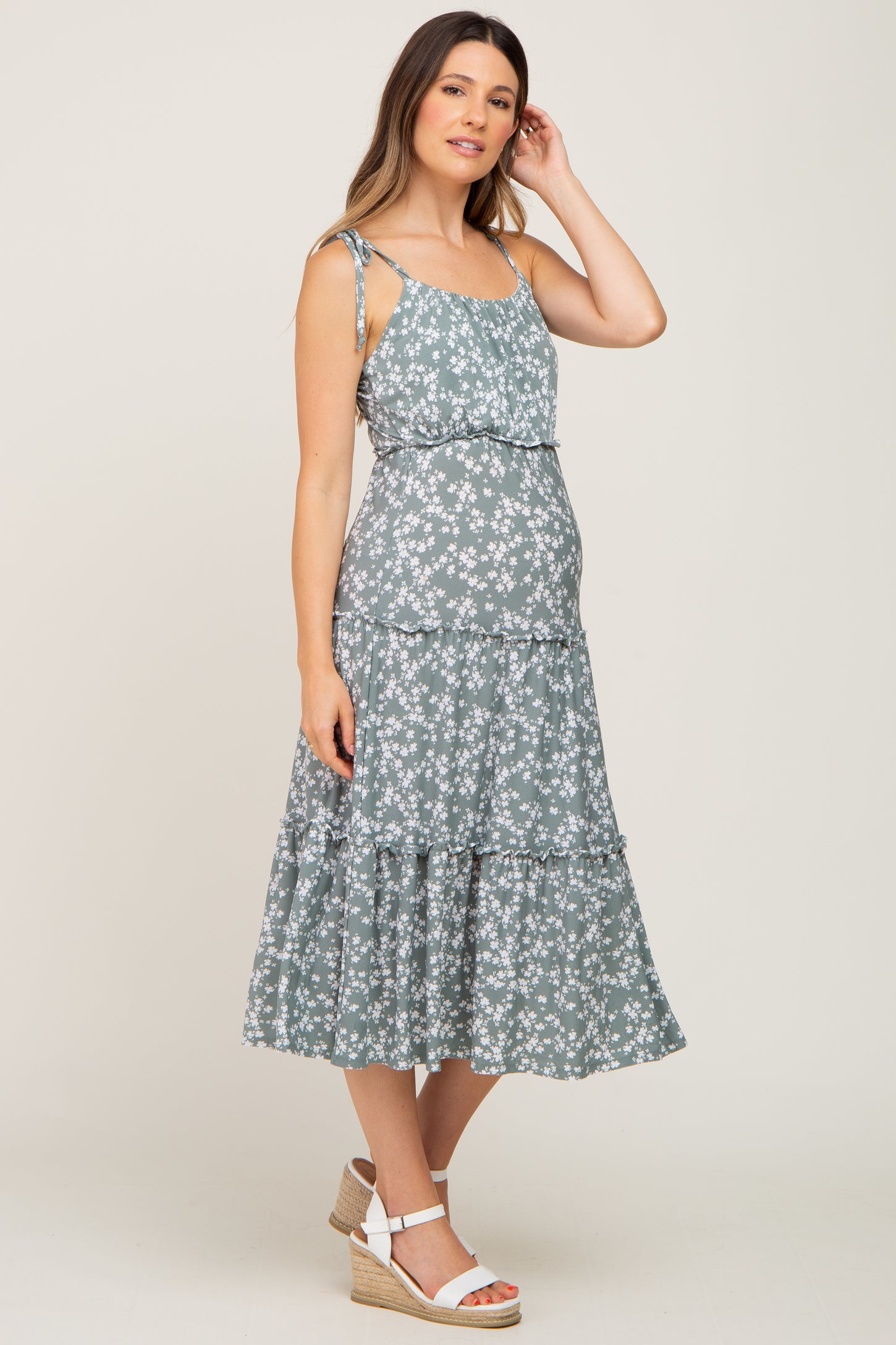 Light Olive Floral Strap Tie Ruffle Tiered Maternity Midi Dress