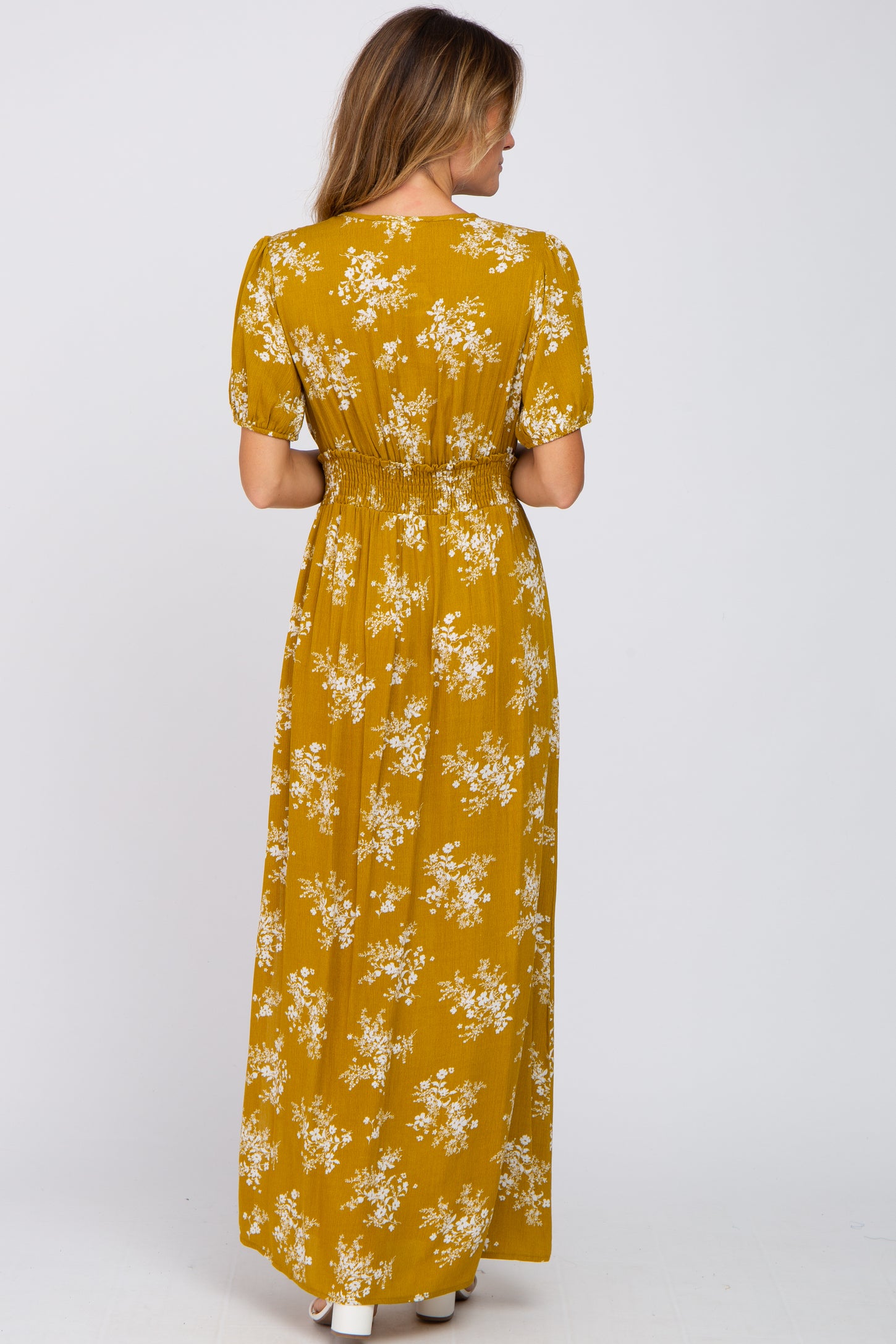Yellow Floral V-Neck Smocked Maxi Dress