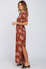 Rust Floral V-Neck Smocked Maxi Dress