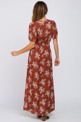 Rust Floral V-Neck Smocked Maxi Dress