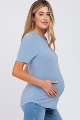 Blue Puff Sleeve Maternity Top