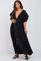 Black Deep V-Neck Button Down Maternity Maxi Dress