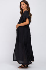 Black Deep V-Neck Button Down Maternity Maxi Dress