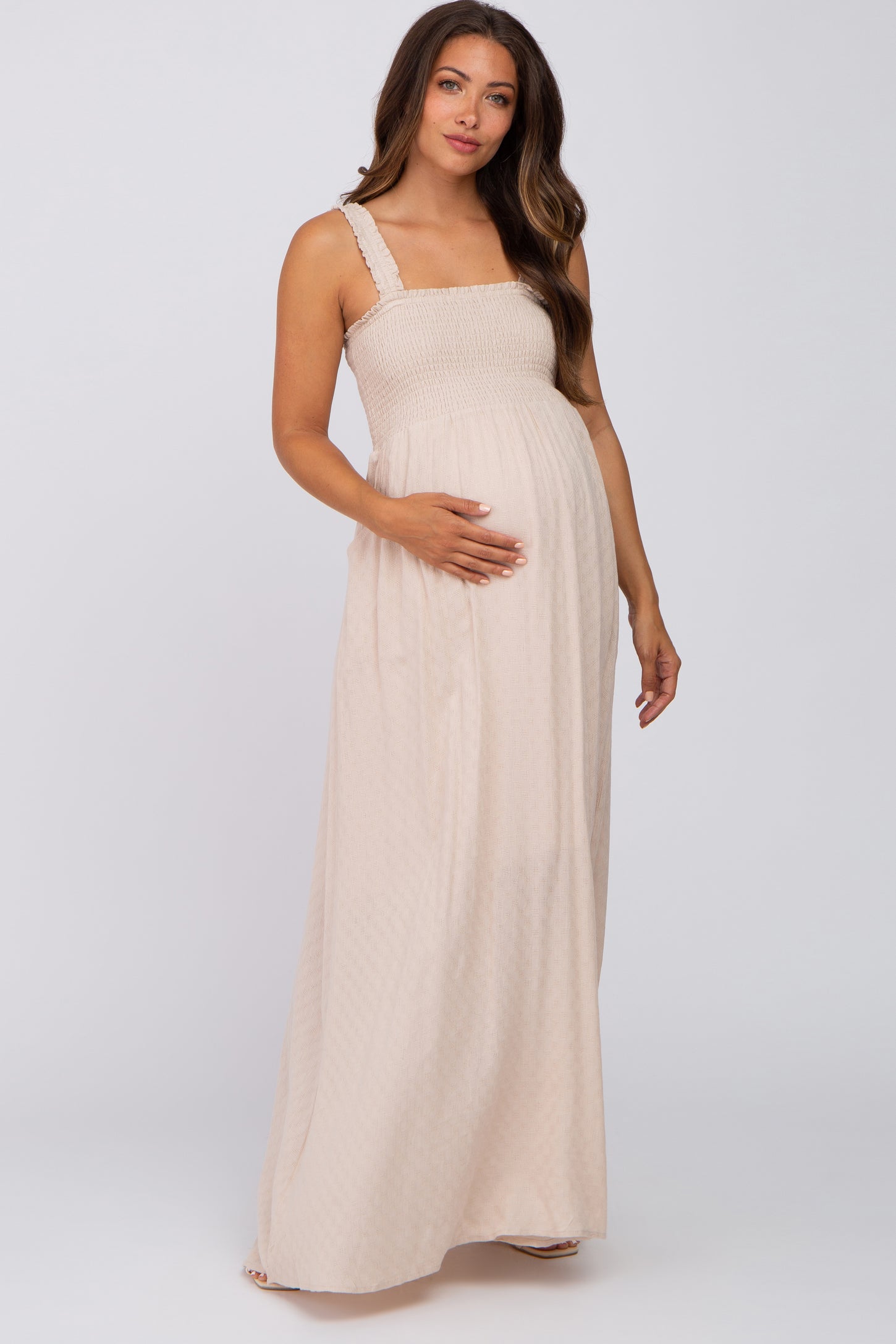 Beige Textured Smocked Maternity Maxi Dress– PinkBlush