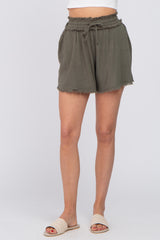 Olive Soft Linen Frayed Drawstring Shorts