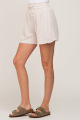 Beige Soft Linen Frayed Drawstring Shorts