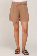 Taupe Soft Linen Frayed Drawstring Maternity Shorts