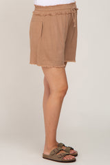 Taupe Soft Linen Frayed Drawstring Maternity Shorts