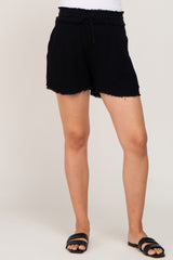 Black Soft Linen Frayed Drawstring Maternity Shorts