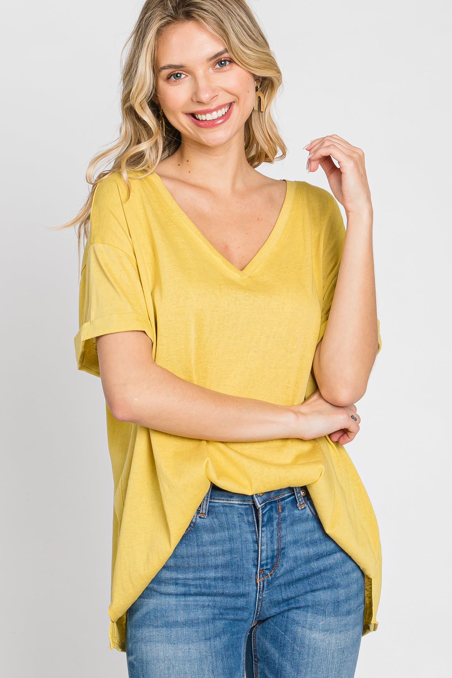 Yellow Basic Rolled Short Sleeve Top