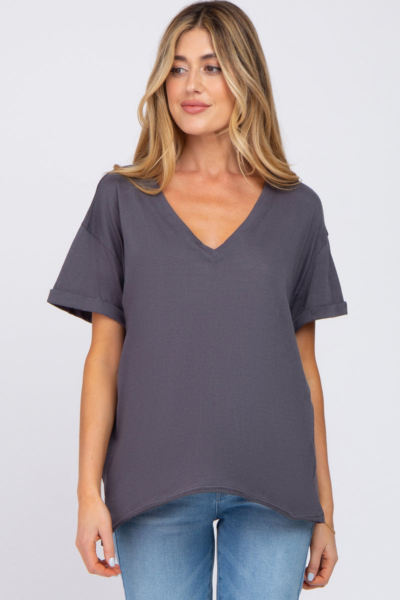 Charcoal Basic Rolled Short Sleeve Maternity Top– PinkBlush