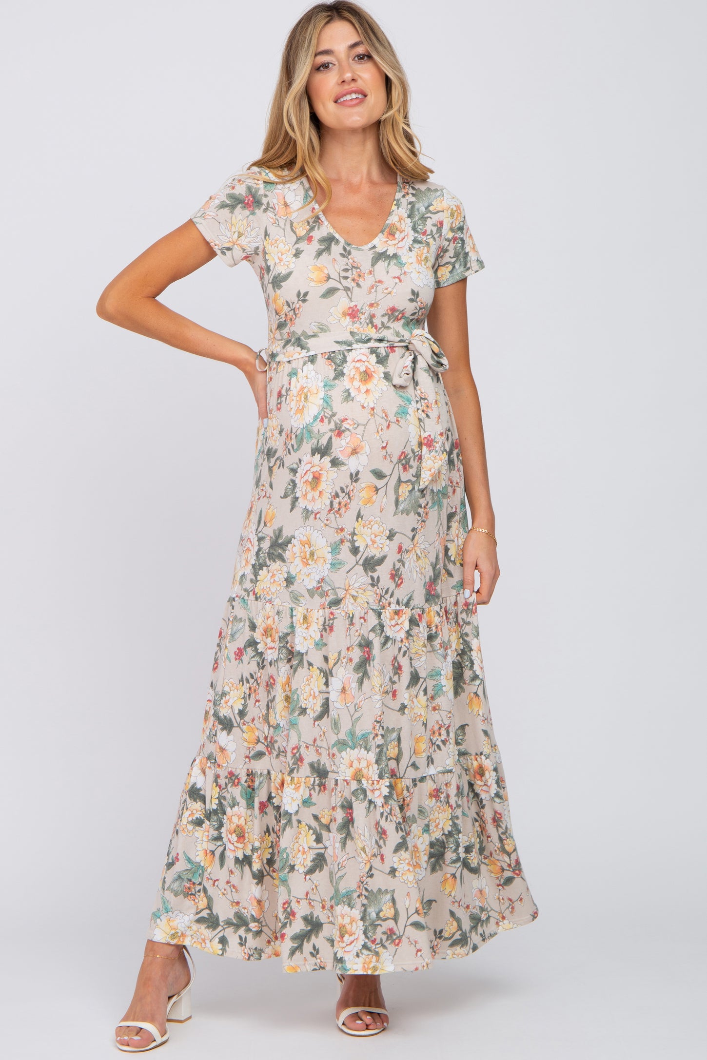 Beige Floral Tiered Maternity Maxi Dress