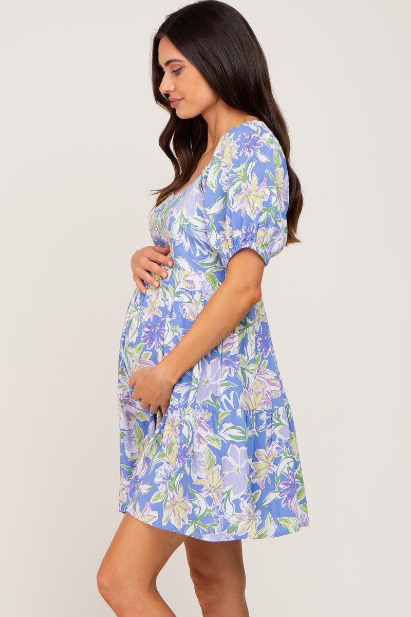 Blue Floral Tiered Maternity Dress– PinkBlush