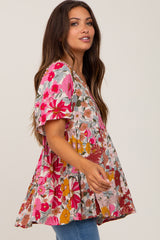 Fuchsia Floral V-Neck Ruffle Hem Short Sleeve Maternity Top
