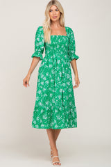 Green Floral Smocked Midi Dress
