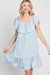 Light Blue Striped Off Shoulder Frayed Dress