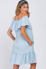Light Blue Striped Off Shoulder Frayed Maternity Dress