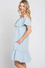 Light Blue Striped Off Shoulder Frayed Dress