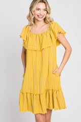 Mustard Striped Off Shoulder Frayed Maternity Dress