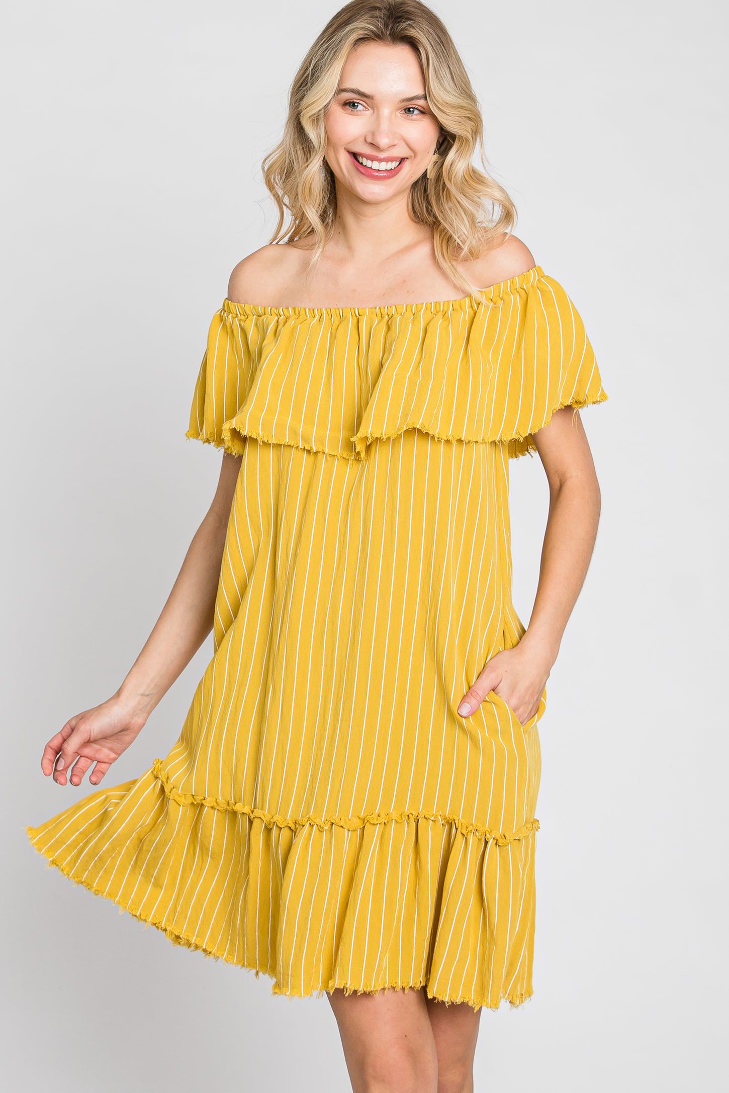 Mustard Striped Off Shoulder Frayed Maternity Dress