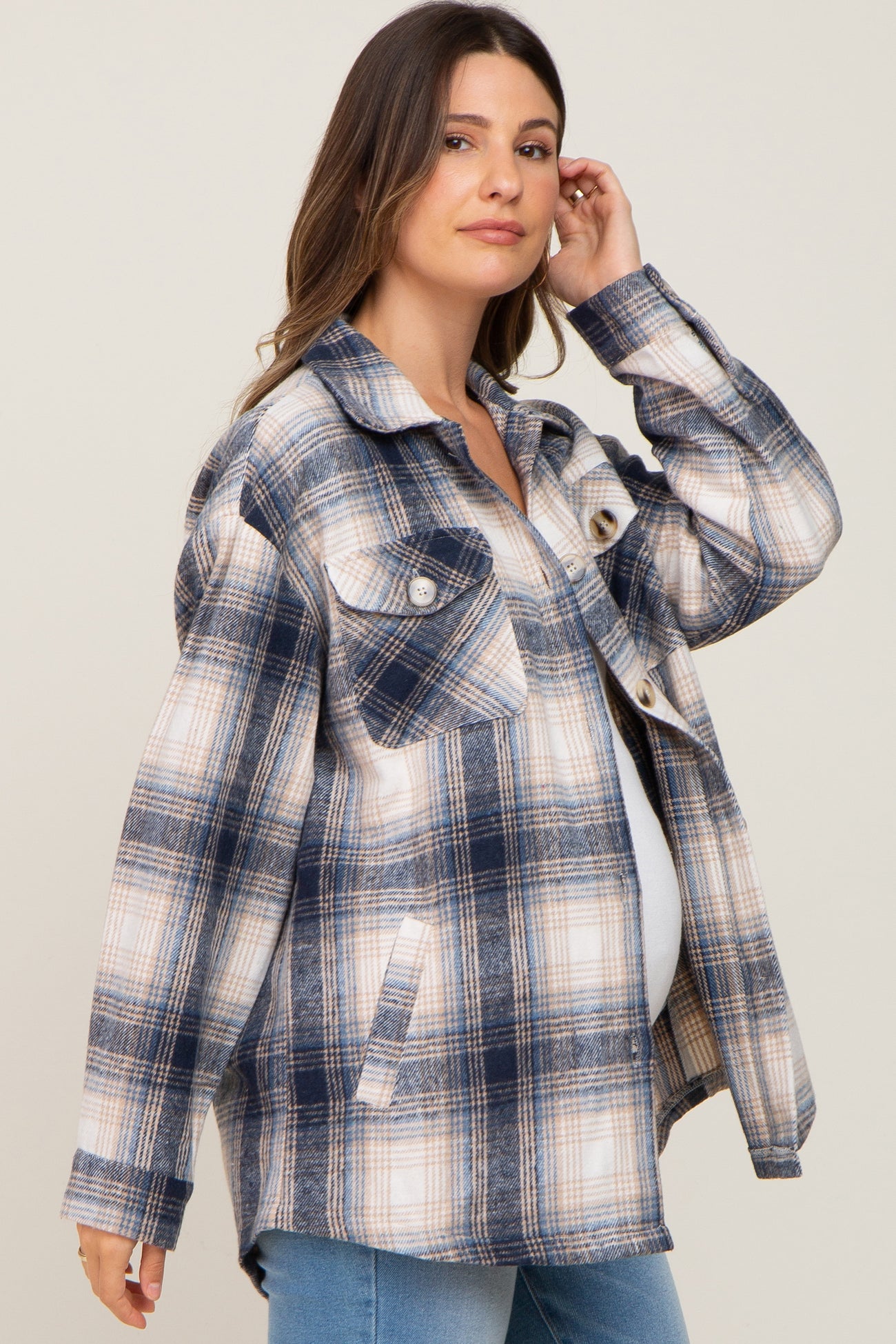 Navy Plaid Maternity Shirt Jacket PinkBlush