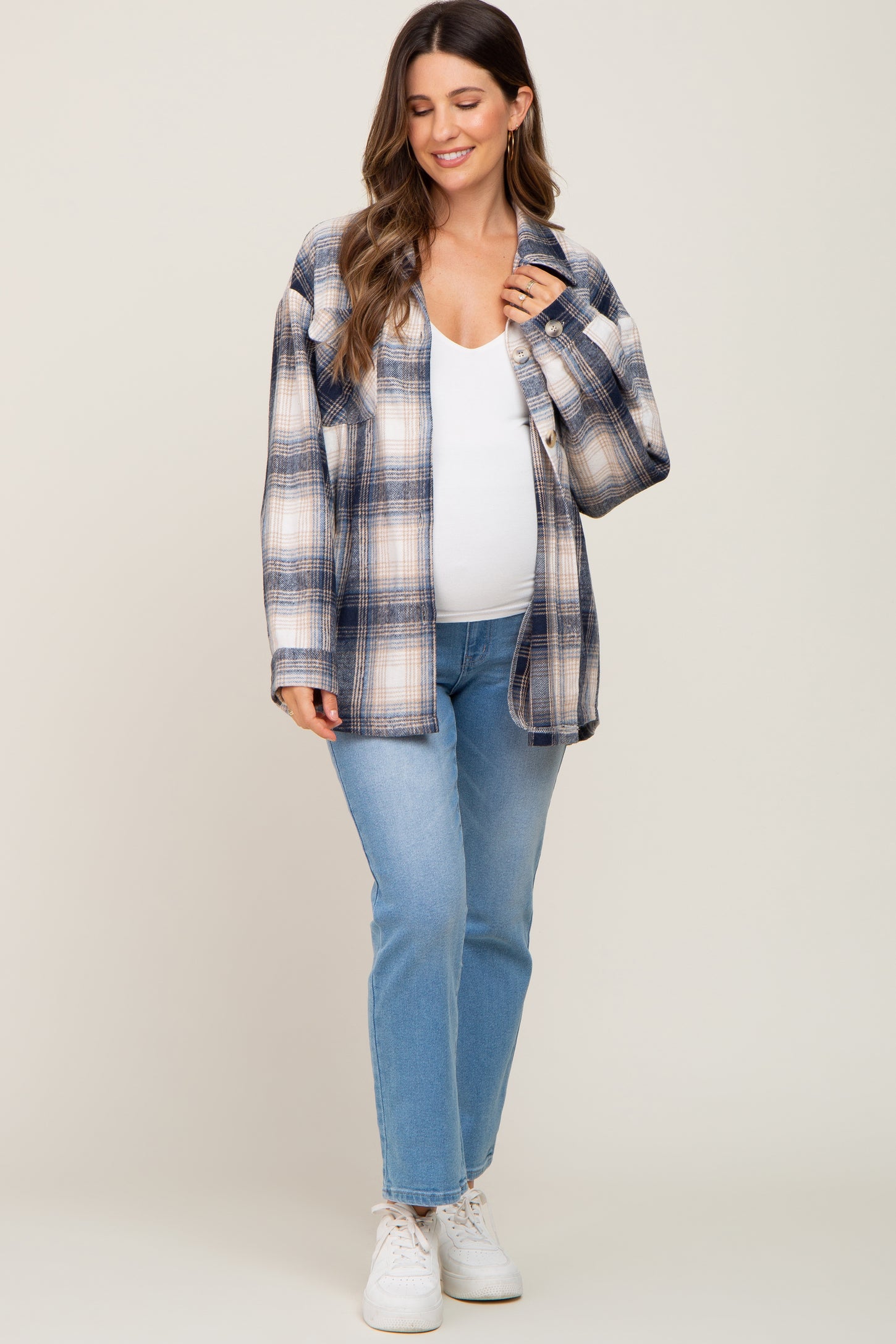 Navy Plaid Maternity Shirt Jacket PinkBlush