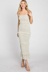 Yellow Floral Print Smocked Midi Dress