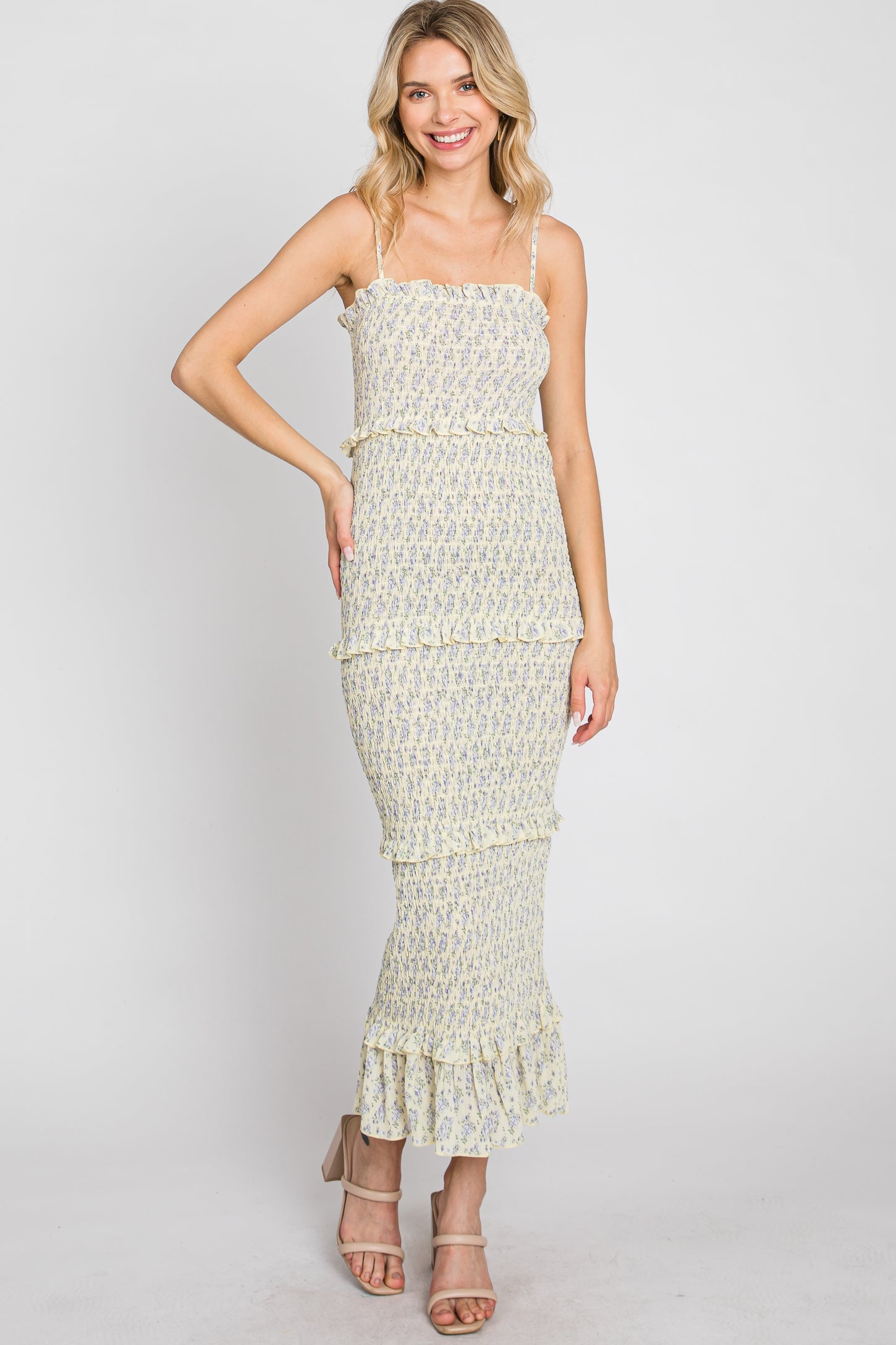 Yellow Floral Print Smocked Midi Dress