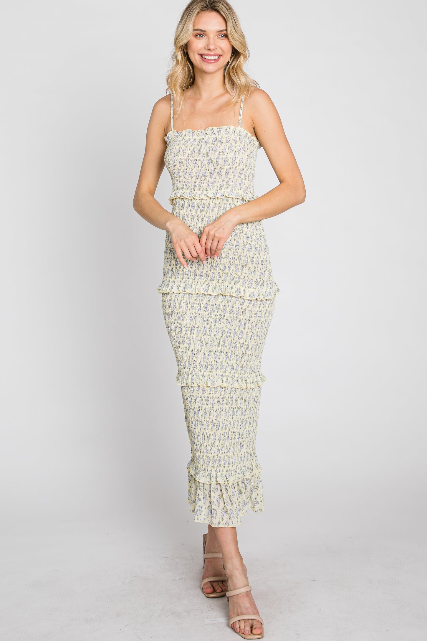 Yellow Floral Print Smocked Midi Dress