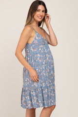 Blue Floral V-Neck Ruffle Hem Maternity Dress