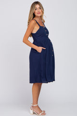 Navy Button Front Maternity Midi Dress