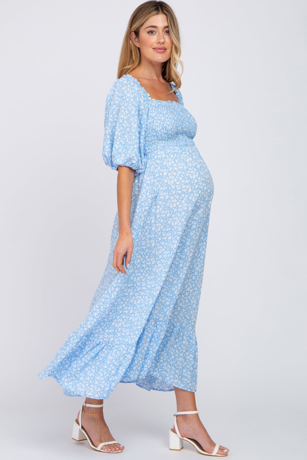 Blue Floral Smocked Maternity Maxi Dress– PinkBlush