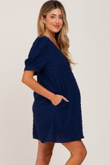 Navy Blue Textured Dot V-Neck Puff Sleeve Maternity Mini Dress