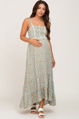 Green Floral Button Accent Maternity Maxi Dress