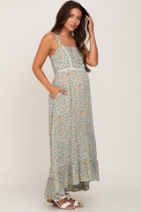 Green Floral Button Accent Maternity Maxi Dress