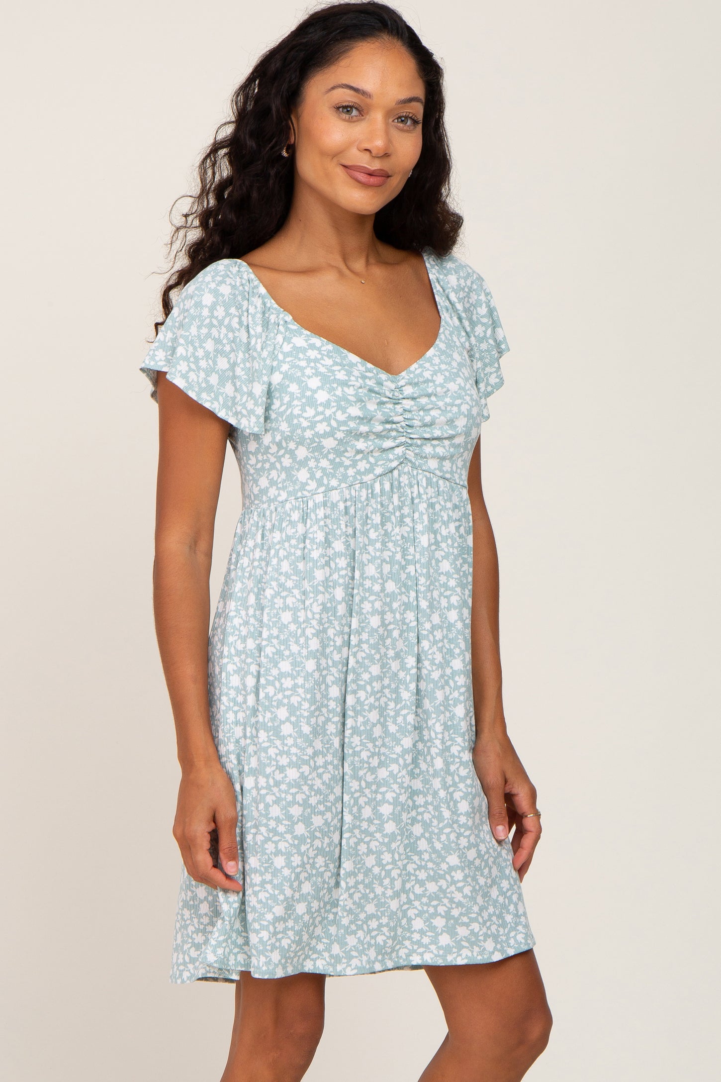 Mint Green Floral Ribbed Sweetheart Neck Ruched Front Dress