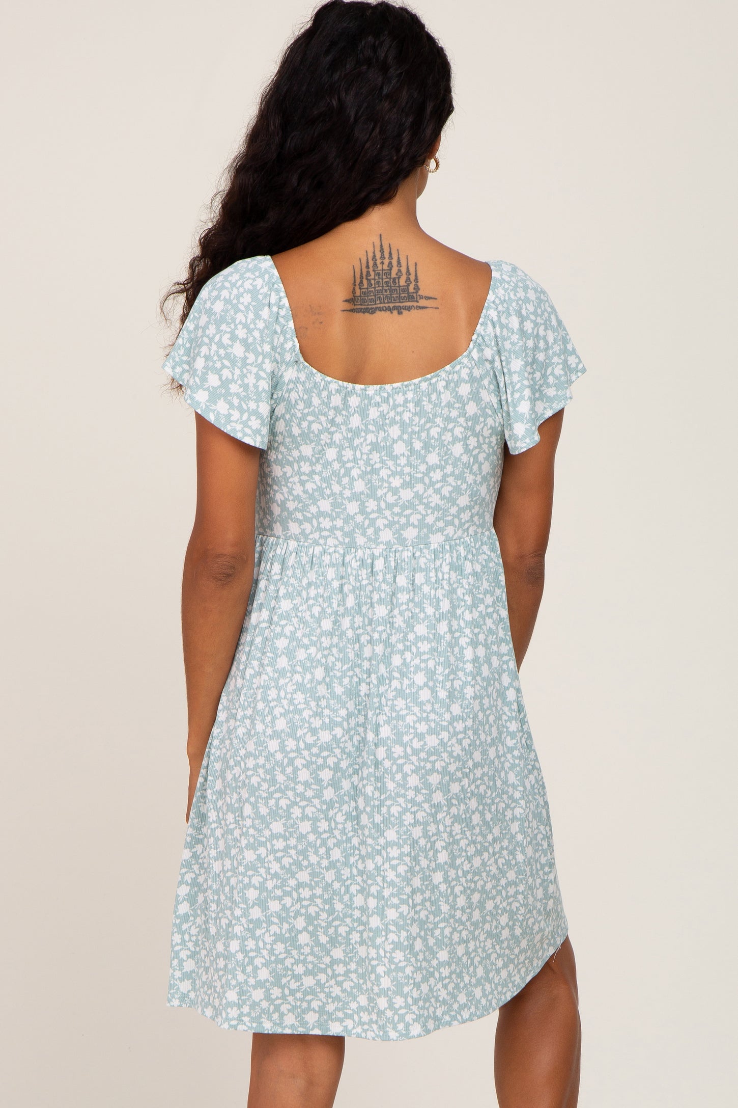 Mint Green Floral Ribbed Sweetheart Neck Ruched Front Dress