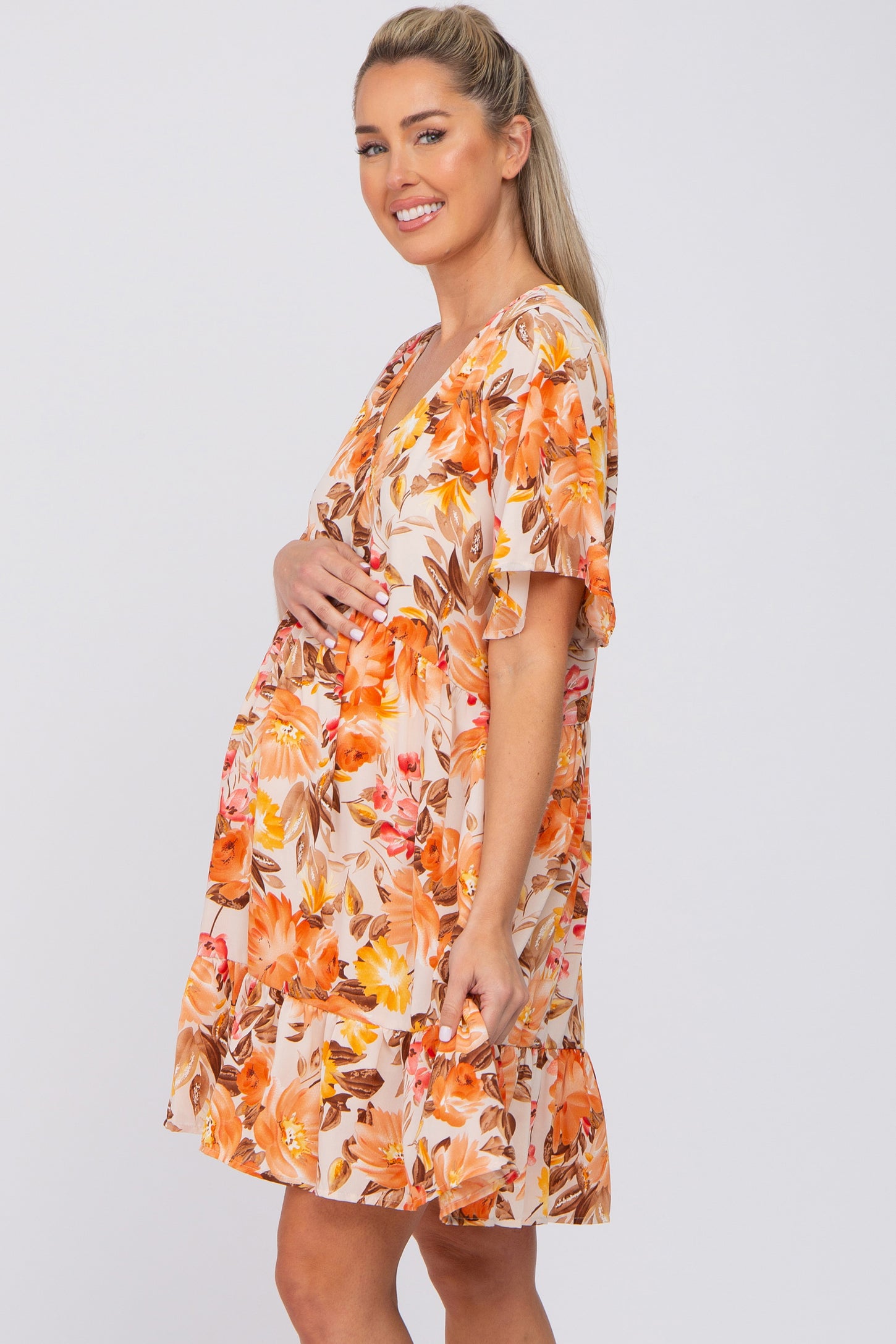 Beige Floral V-Neck Ruffle Hem Maternity Dress