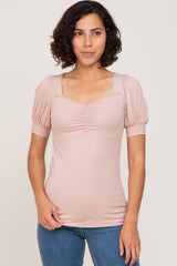 Taupe Ribbed Neck Short Puff Sleeve Maternity Top