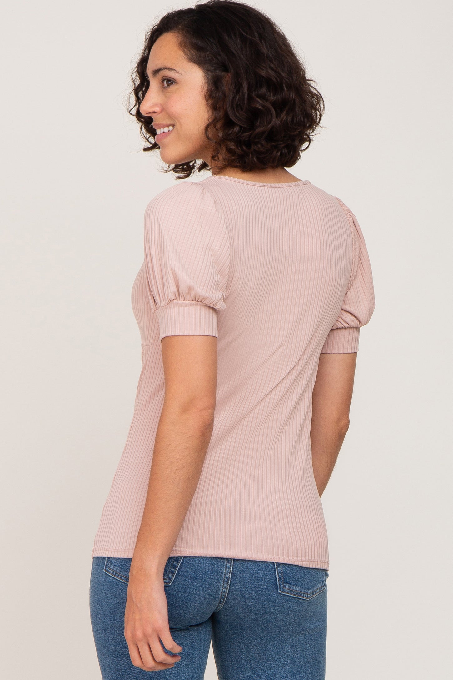 Taupe Ribbed Neck Short Puff Sleeve Maternity Top