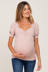 Taupe Ribbed Sweetheart Neck Short Puff Sleeve Maternity Top
