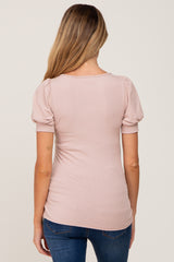 Taupe Ribbed Sweetheart Neck Short Puff Sleeve Maternity Top
